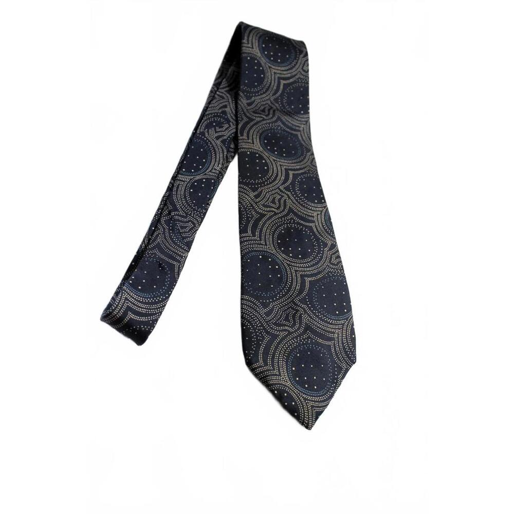 Vintage Deauville Silk Necktie, Navy Blue/Beige, 3.75 X 58 Inches, Made in USA